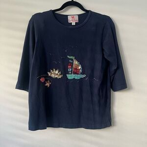Quacker Factory Women's Navy Sequin Embellished 3/4 Sleeve Top Size Small